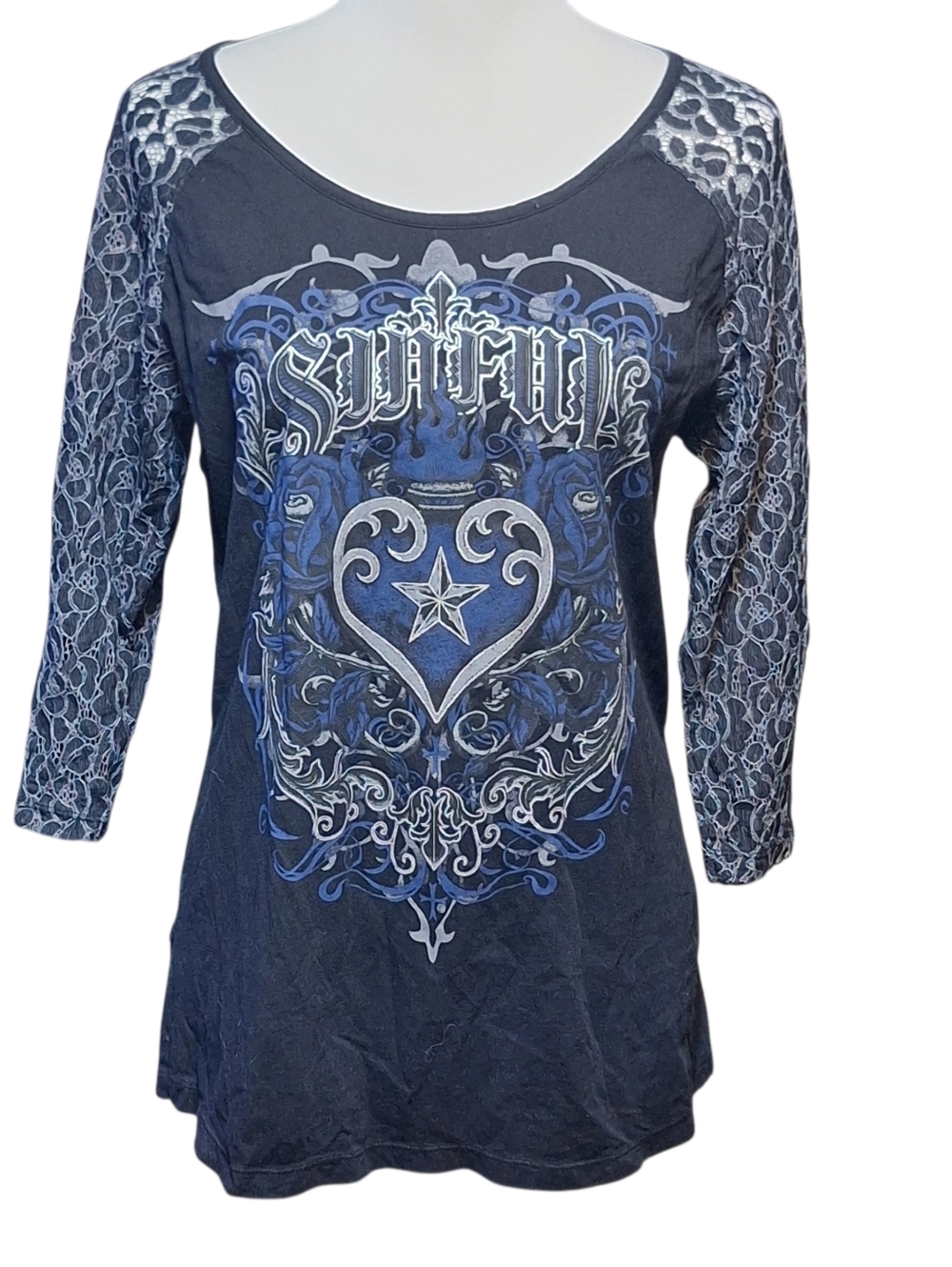 Sinful Affliction Womens XL 90s Y2K Grunge Vintage Top Biker Sheer Lace